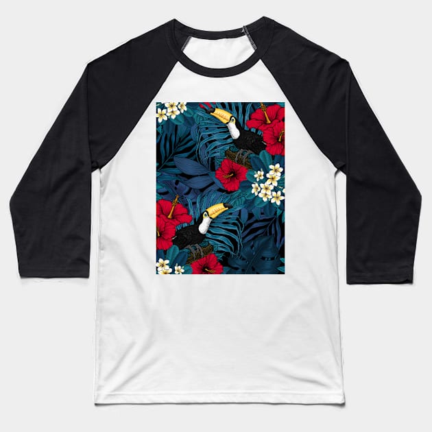 Toucans and tropical flora, blue and red Baseball T-Shirt by katerinamk